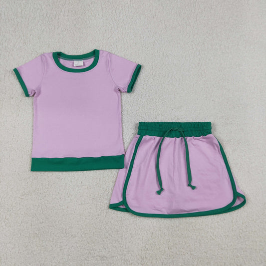 GSD3672 Cotton Pink Short Sleeve Skorts Girls Set