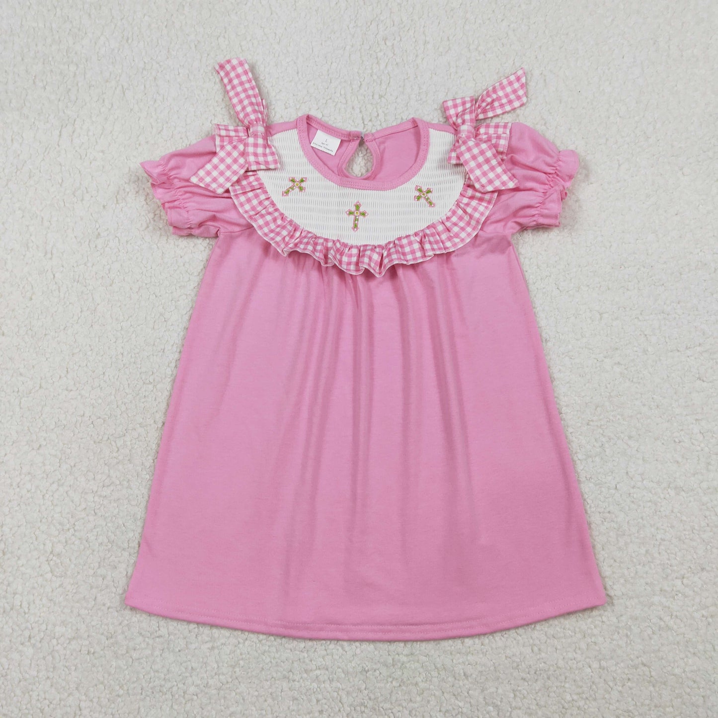 Smocked Embroidery GSD3178 Easter Cross Hot Pink Short Sleeve Girls Dress