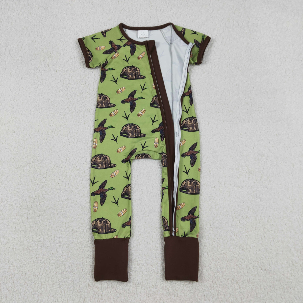 SR3499 Hunting Mallard Duck Camo Hat Green Zipper Short Sleeve Boys Romper