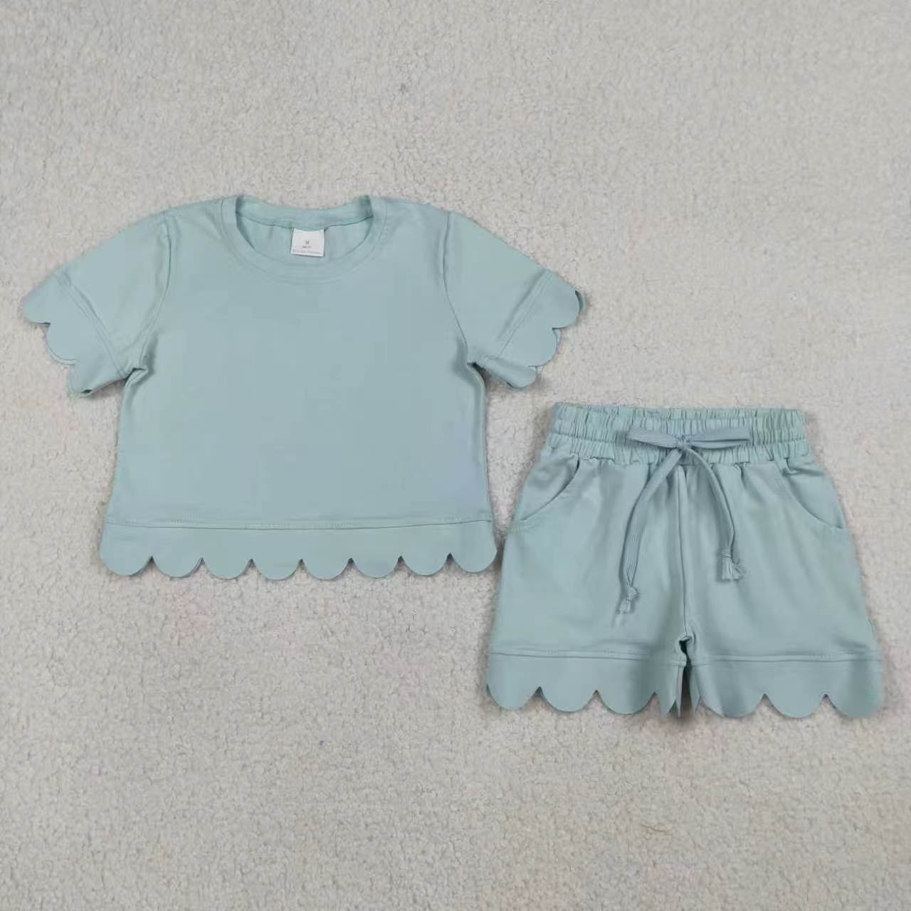 Solid Color Scallop Short Sleeve Shorts Girls Set RTS Sibling Clothes