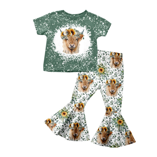 preorder GSPO0987 Highland cow sunflower green short sleeve pants girls set