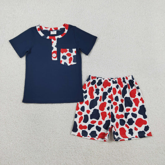 BSSO1783 July 4th Blue Pocket Short Sleeve Blue Red Camo Shorts Boys Set