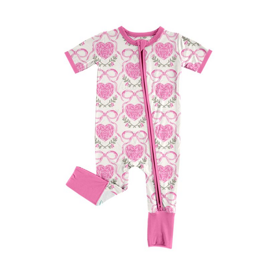 preorder SR2117 Valentine's Day hot pink heart bows flowers short sleeve zipper girls romper