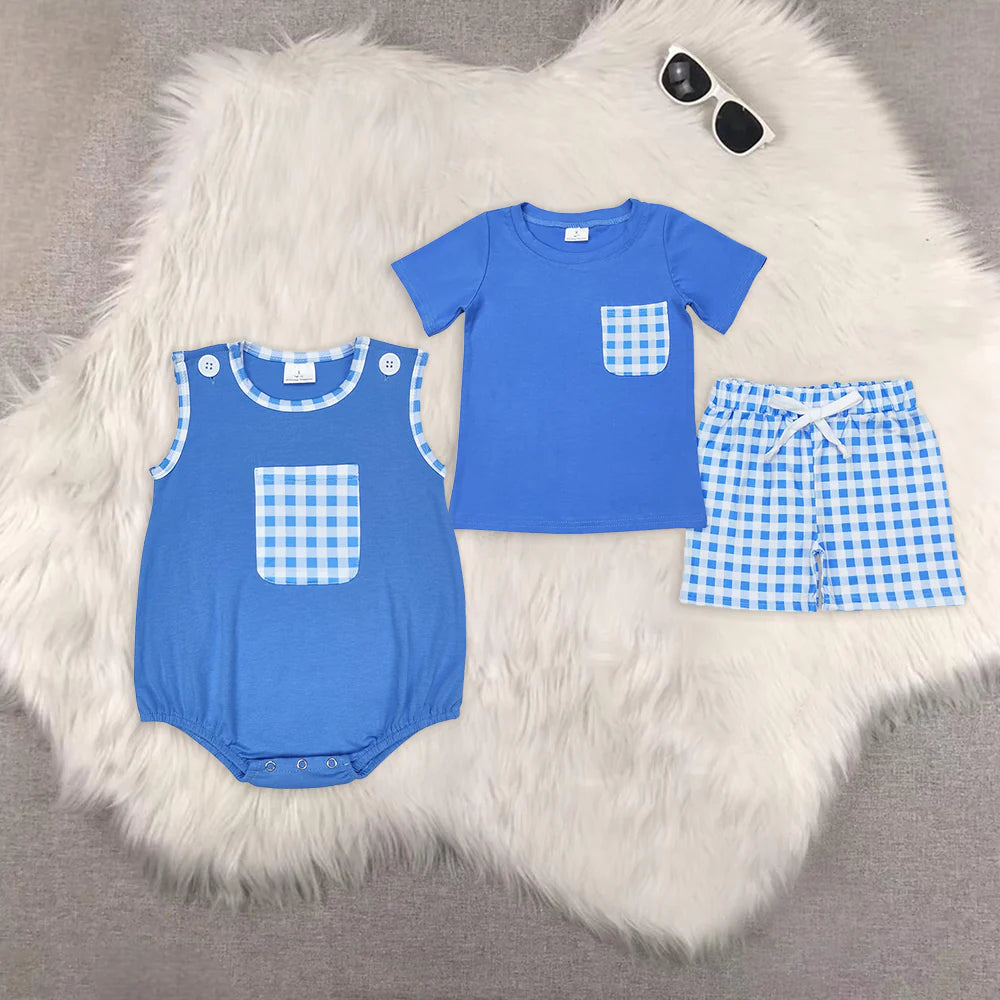 blue checkered Summer boys set/romper RTS sibling clothes