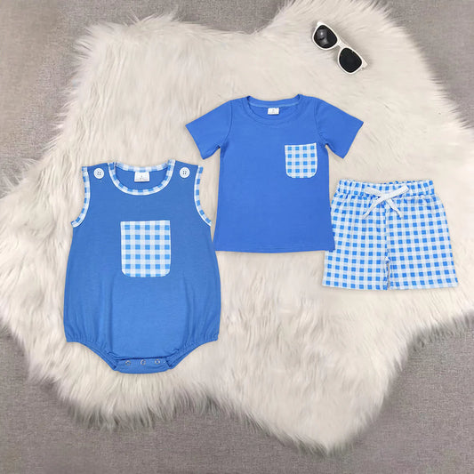 blue checkered Summer boys set/romper RTS sibling clothes
