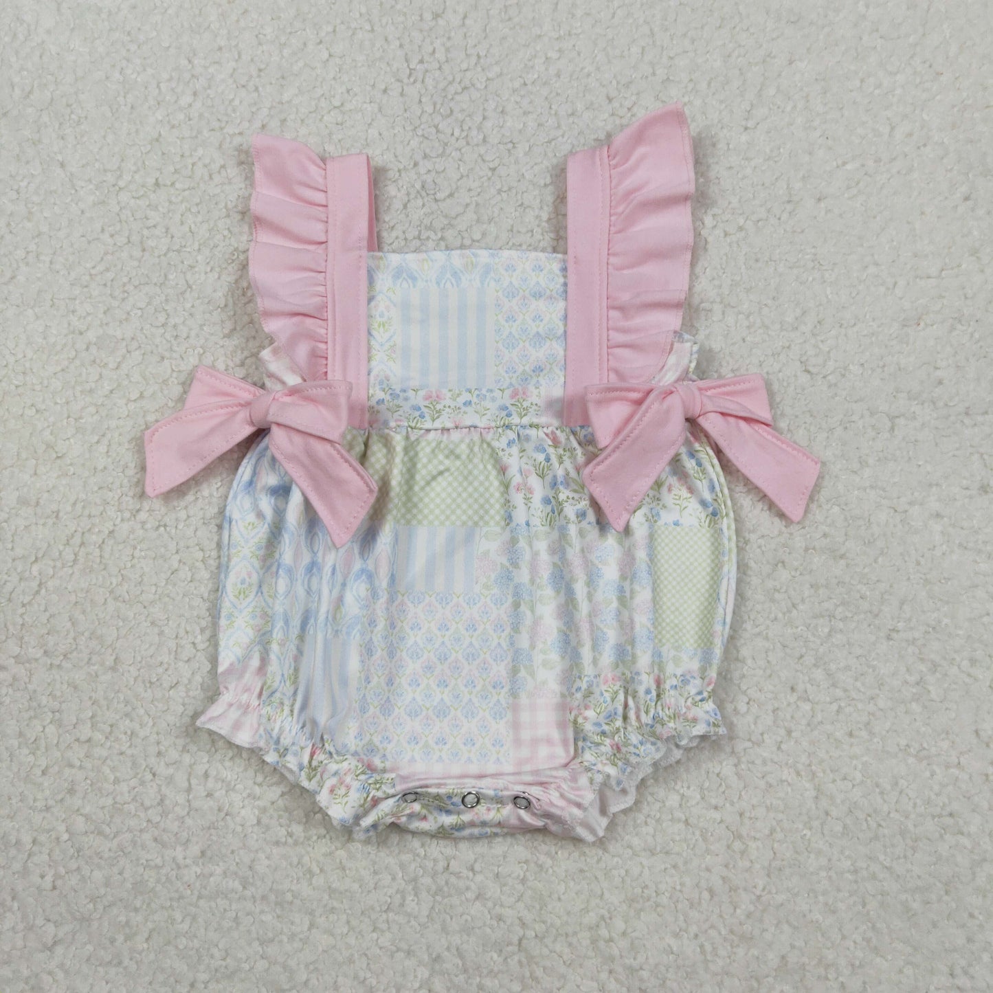 SR3675 Flowers Pink Bows Flutter Sleeve Girls Romper
