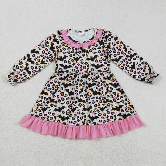 GLD1224 Halloween bat leopard hot pink long sleeve girls dress