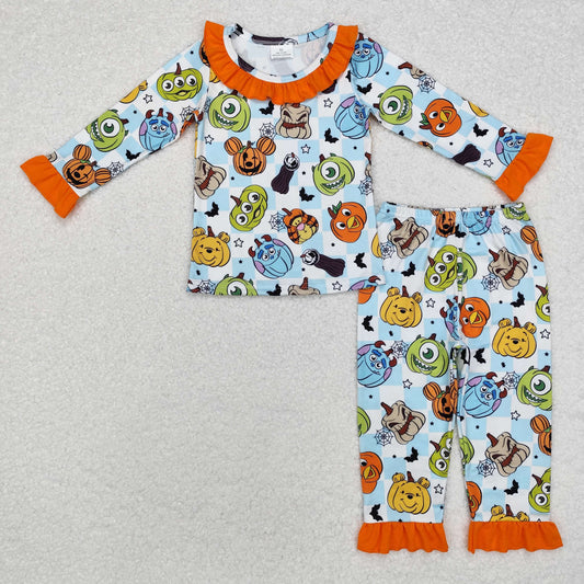 GLP1738 cartoon animals toy pumpkin blue checkered long sleeve pants girls pajamas