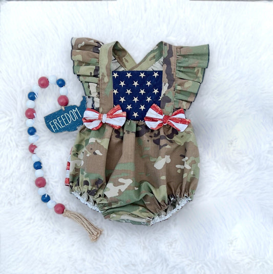 preorder July 4th star camo flutter sleeve girls romper