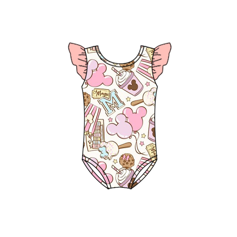 Custom Cartoon Ice Cake Pink Flutter Sleeve Girls Bathing Suits Swimsuit Kids Summer Clothes