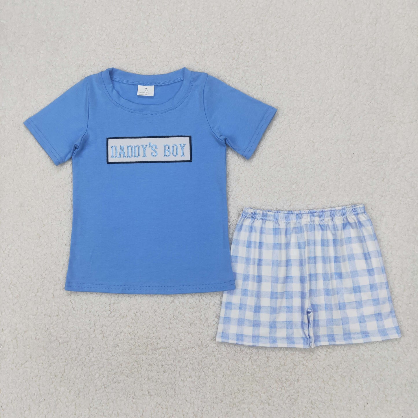 embroidery BSSO1433 daddy's boy blue short  sleeve blue checkered shorts boys set