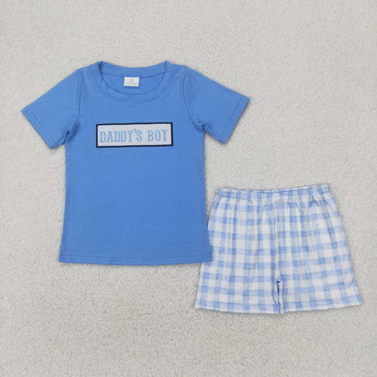 embroidery BSSO1433 daddy's boy blue short  sleeve blue checkered shorts boys set