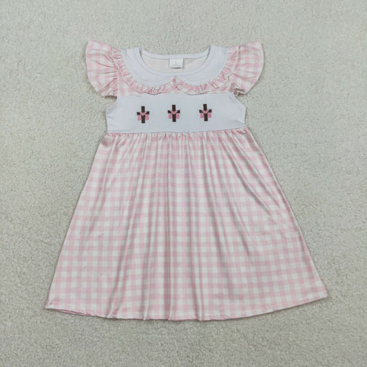 Embroidery GSD3382 Easter Cross Pink Checkered Flutter Sleeve Girls Dress