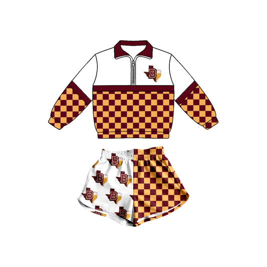 Custom Moq 3 Team Maroon Orange Checkered Zipper Long Sleeve Shorts Adult Women Set