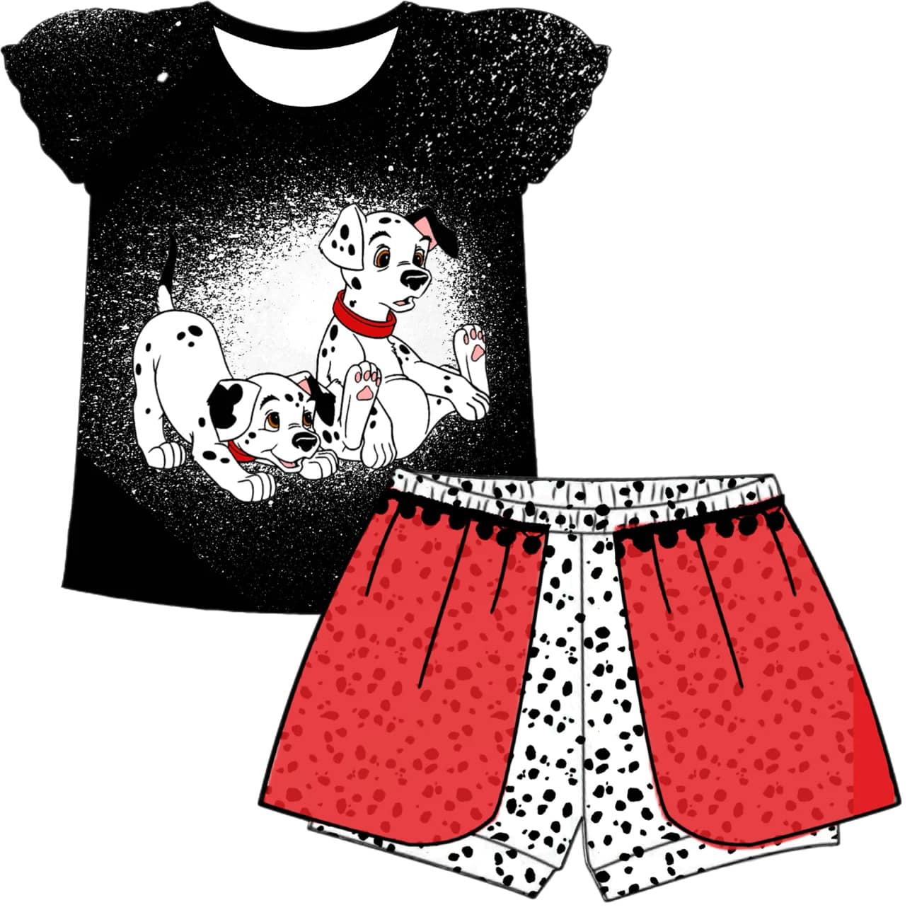 custom style cartoon dog black flutter sleeve shorts girls set tat 6-8 weeks