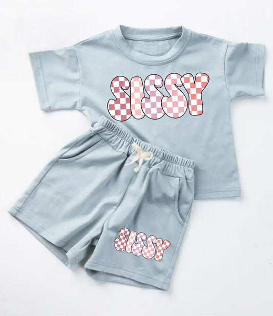 custom moq 3 syssy blue short sleeve shorts kids set