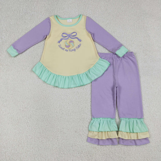 GLP2979 Mardi Gras sweet as king cake bows long sleeve purpel pants girls set