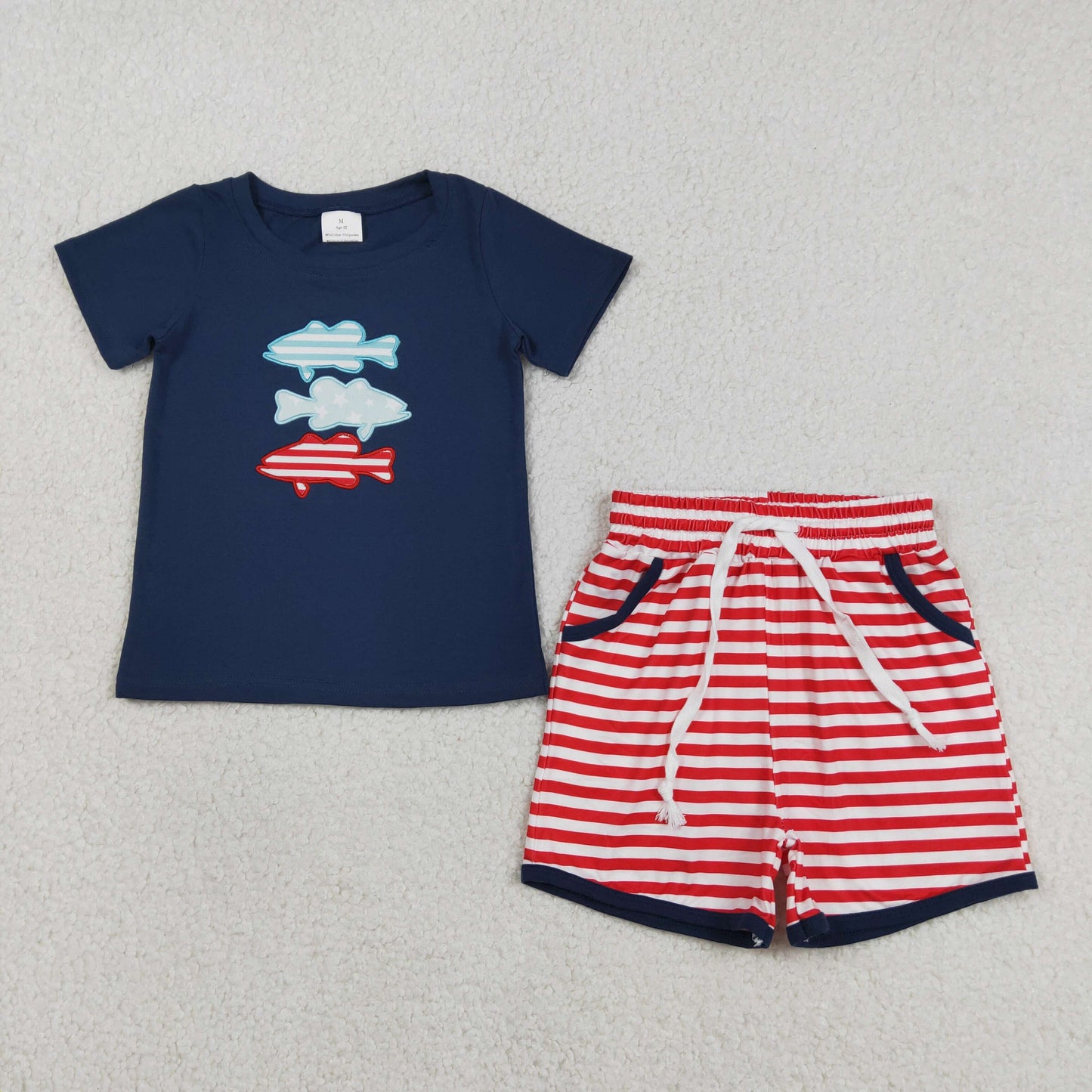 Embroidery BSSO1741 Fishing Navy Blue Short Sleeve Red Striped Shorts Boys Set