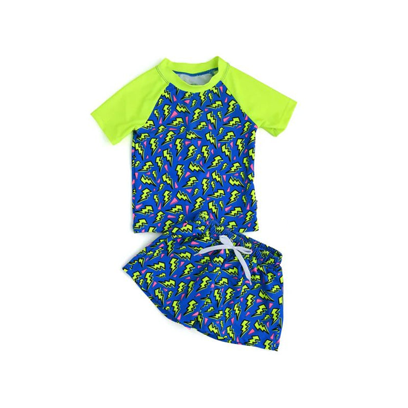 custom style green flash blue short sleeve 2pcs boys swimsuits