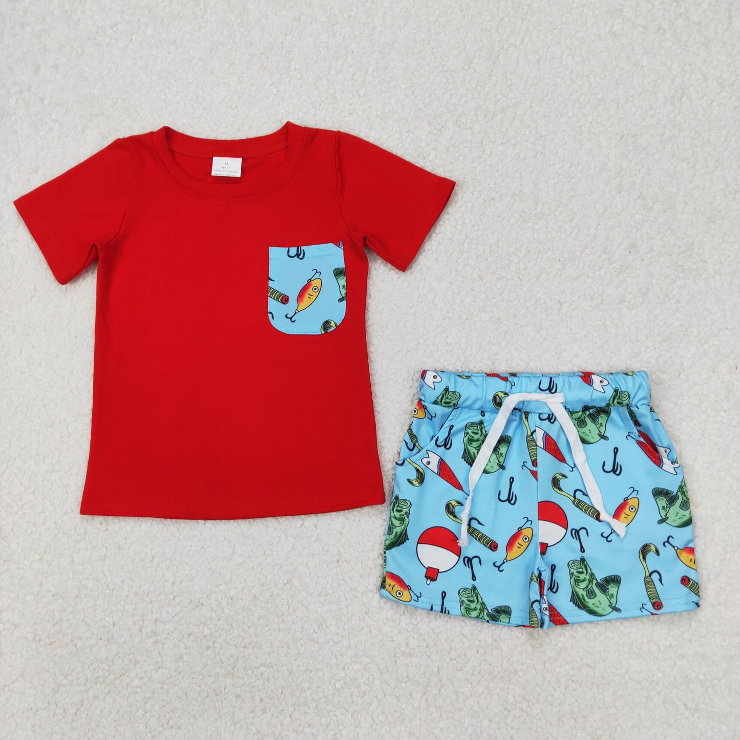 BSSO1289 Hunting fishing red pocket short sleeve blue shorts boys set