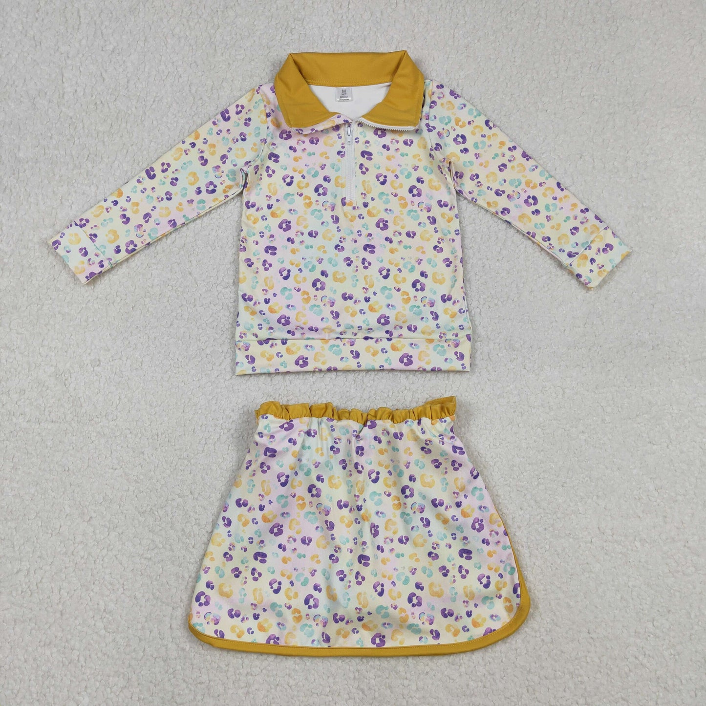 GLD1365 Mardi Gras yellow green purple leopard zipper long sleeve skorts skirt girls set