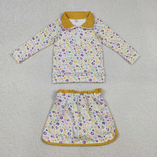 GLD1365 Mardi Gras yellow green purple leopard zipper long sleeve skorts skirt girls set