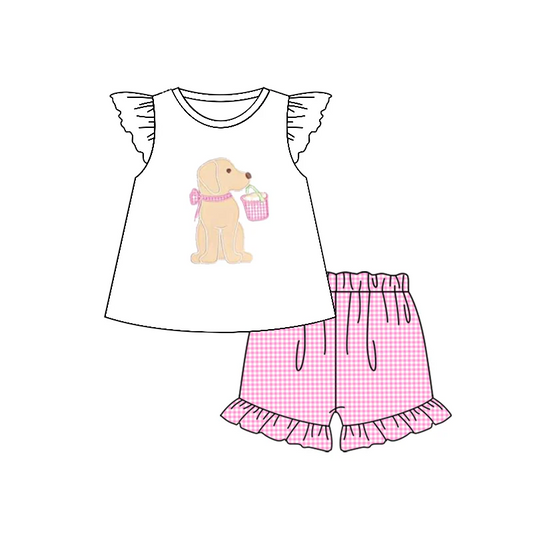 custom style cartoon dog flutter sleeve hot pink checkered shorts girls set