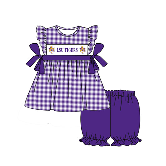 custom style football team tiger purple checkered flutter sleeve top purple shorts girls set