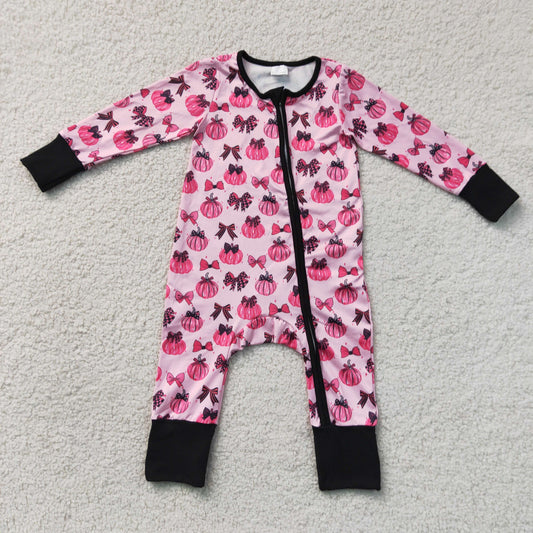 LR3069 Pumpkin Hot Pink Zipper Long Sleeve Girls Romper