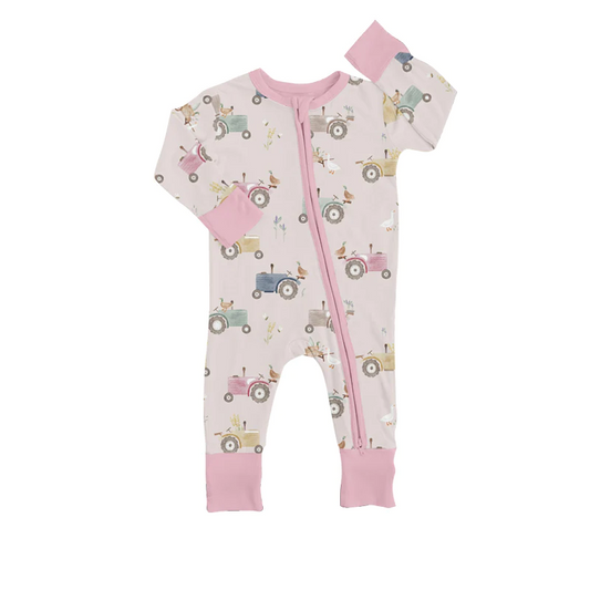 custom S 9.12 Farm tractor pink long sleeve girls romper