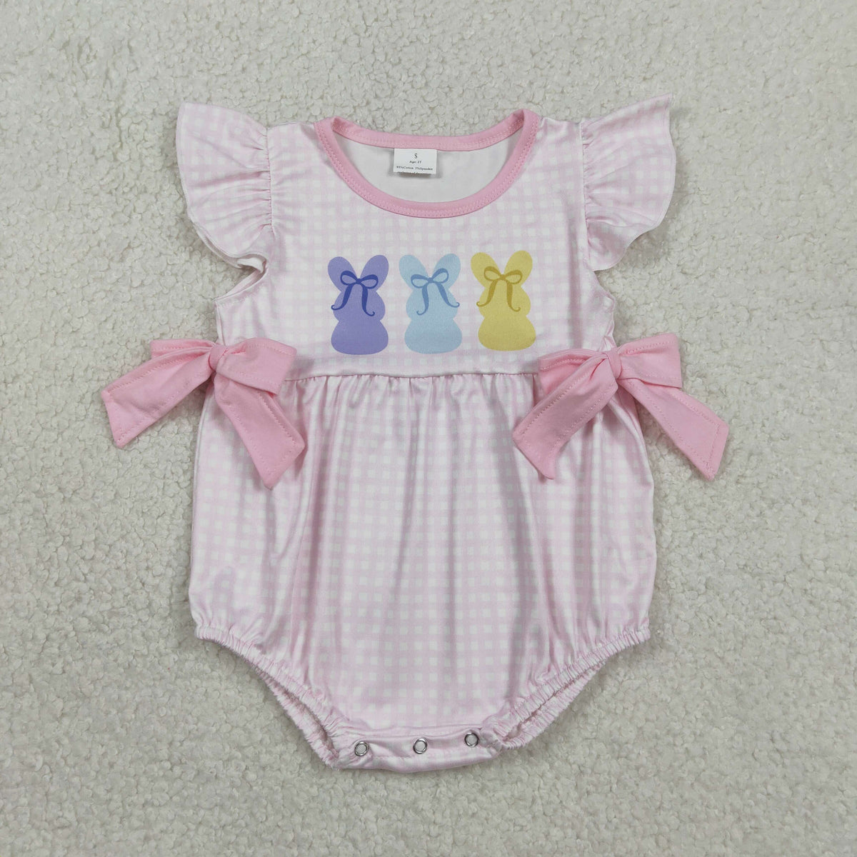 Embroidery SR3767 Easter Bunny Rabbit Pink Bows Flutter Sleeve Girls Romper