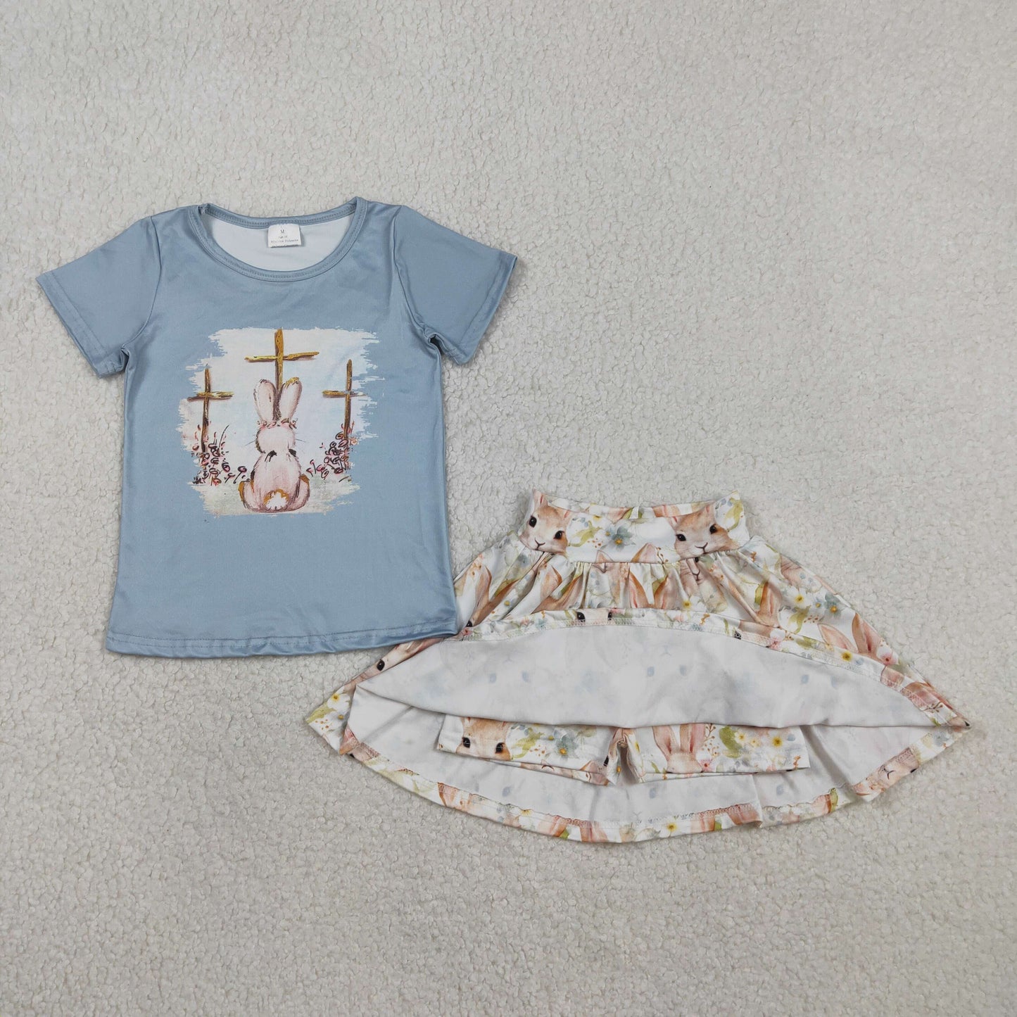 GSD3486 Easter Cross Rabbit Bunny Blue Short Sleeve Skirts Girls Set