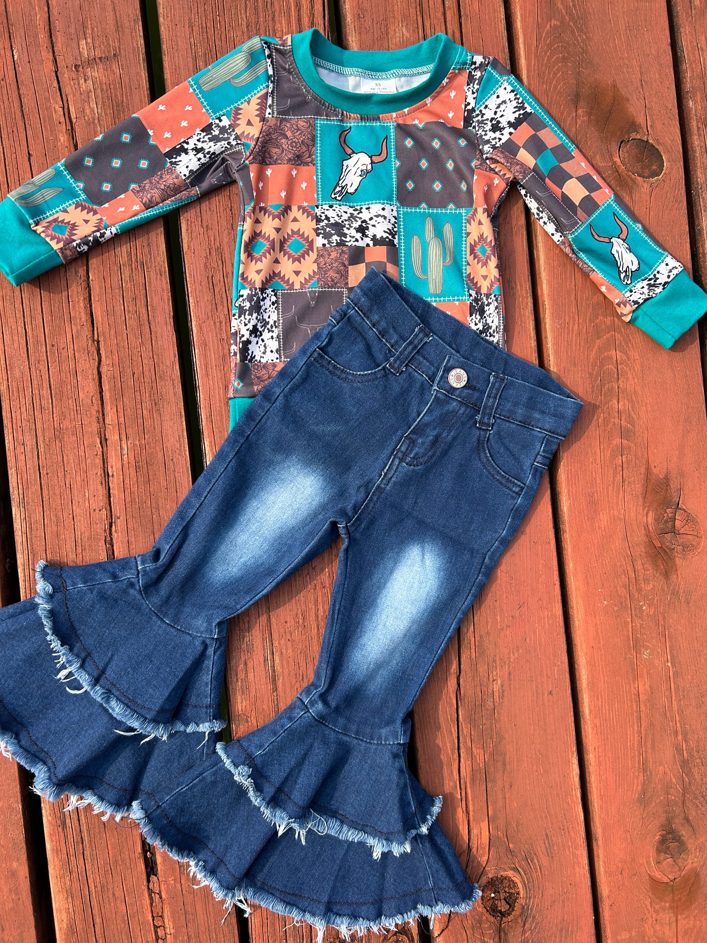 Western Cow Aztec Cactus Blue Long Sleeve Bell Bottom Jeans Girls Set