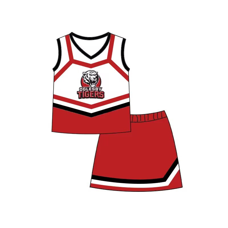 custom style football TIGER sleeveless red short skirts girls set