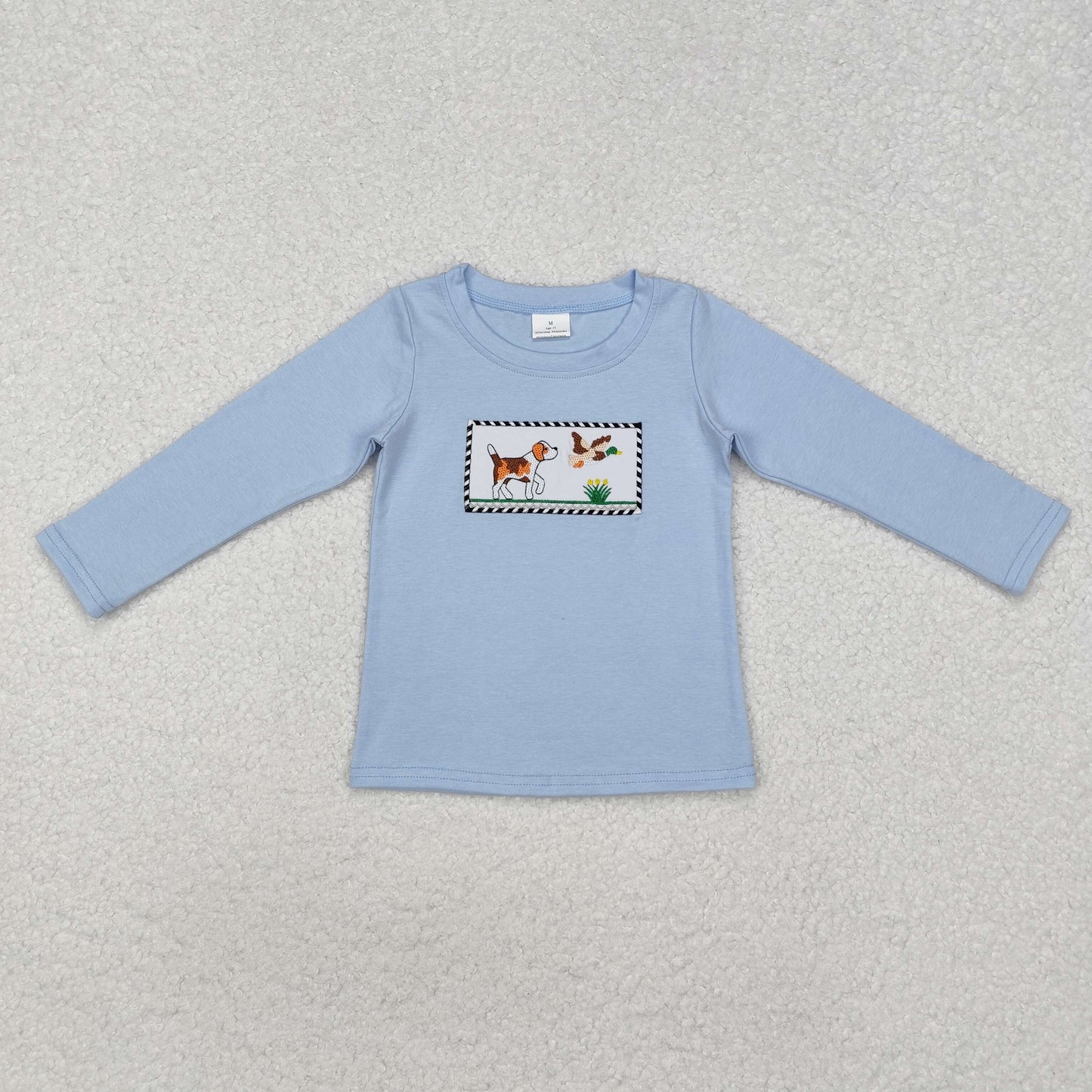 embroidery BT1007 hunting cute dog mallard grey long sleeve boys top