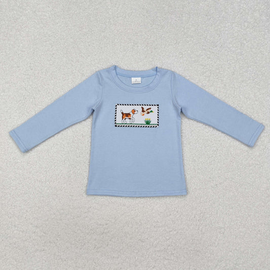embroidery BT1007 hunting cute dog mallard grey long sleeve boys top