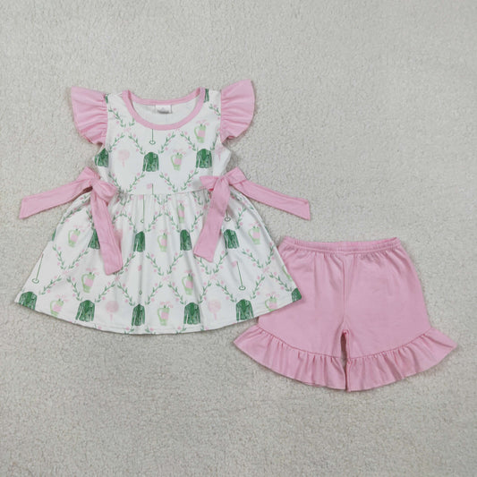 GSSO3063 Green Golf Flowers Flutter Sleeve Pink Shorts Girls Set