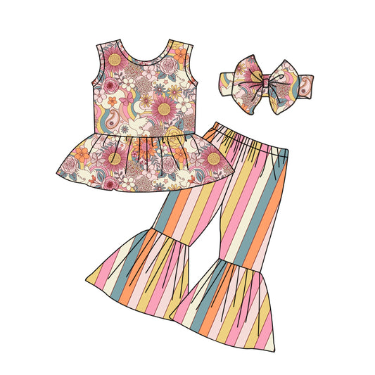Preorder GSPO1342 Peace Dove Rainbow Flowers Sleeveless Rainbow Striped Pants Girls Set whit bow