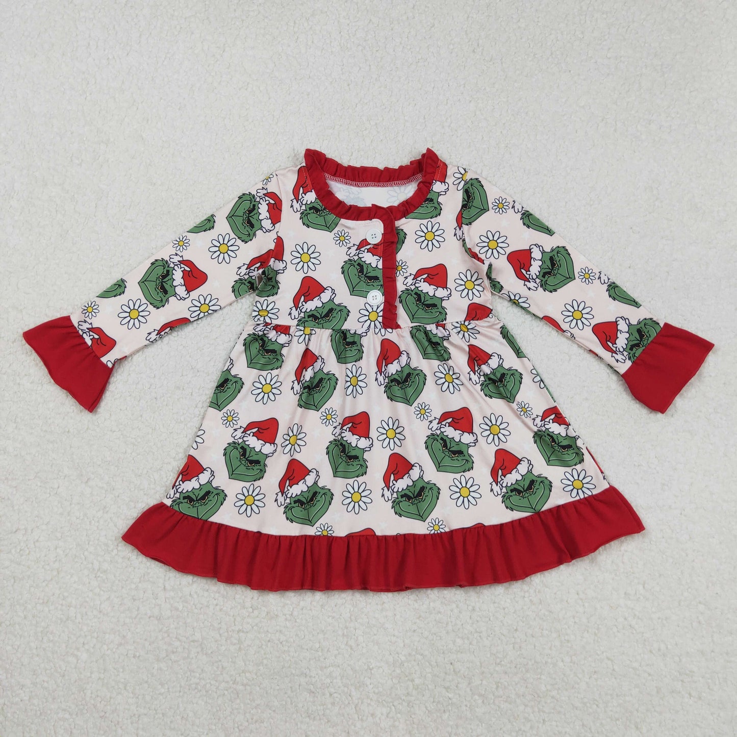 GLD1230 Christmas green face flowers red long sleeve girls dress