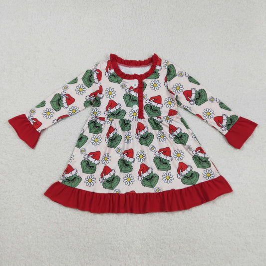 GLD1230 Christmas green face flowers red long sleeve girls dress（副本）