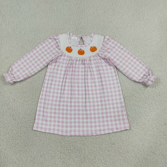 Embroidery GLD1649 Smocked Pumpkin Purple Checkered Short Sleeve Girls Dress