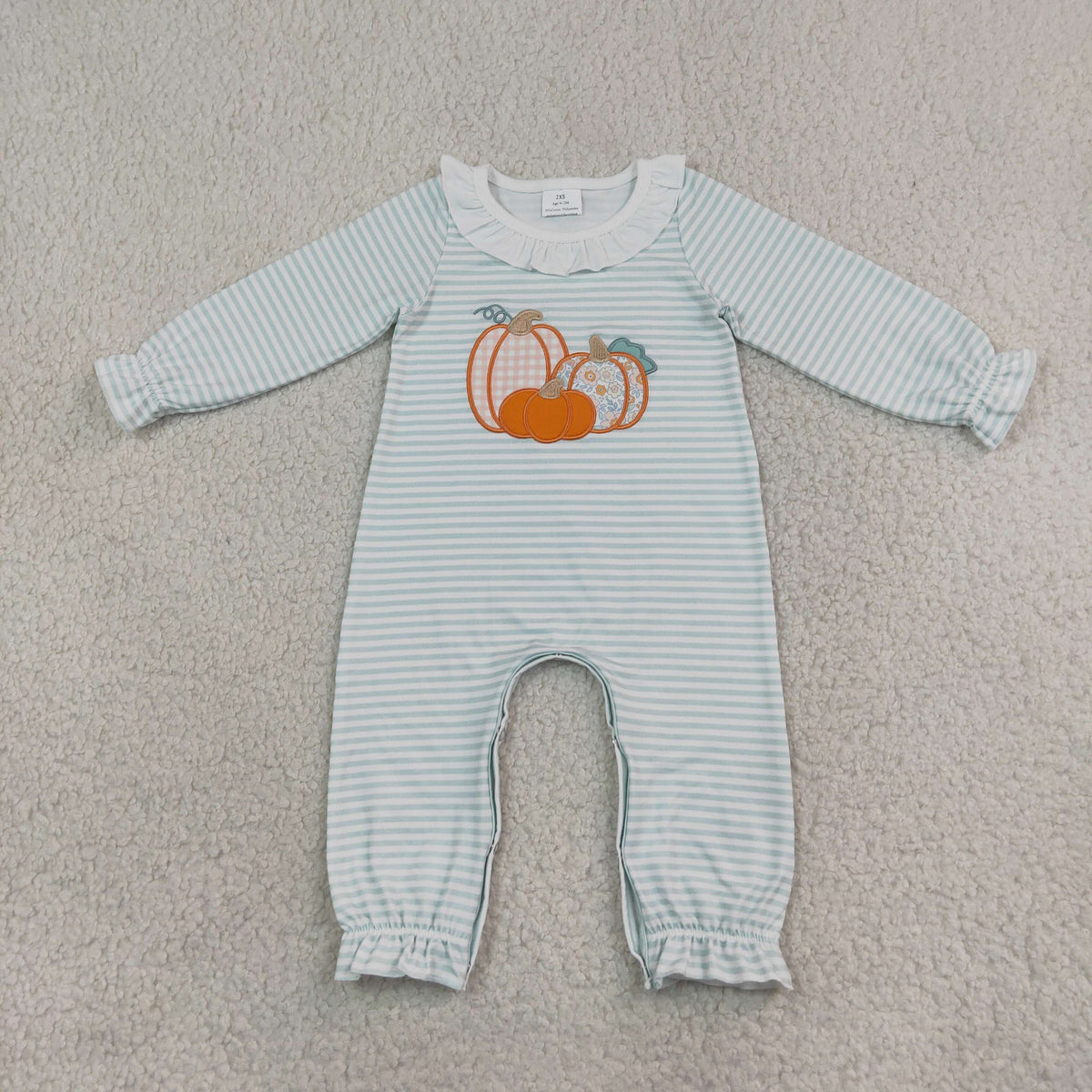 Embroidery LR3137 Pumpkin Green Striped Long Sleeve Girls Romper