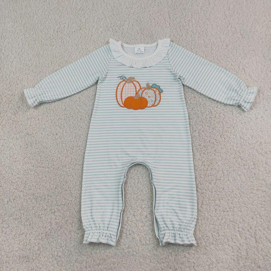 Embroidery LR3137 Pumpkin Green Striped Long Sleeve Girls Romper