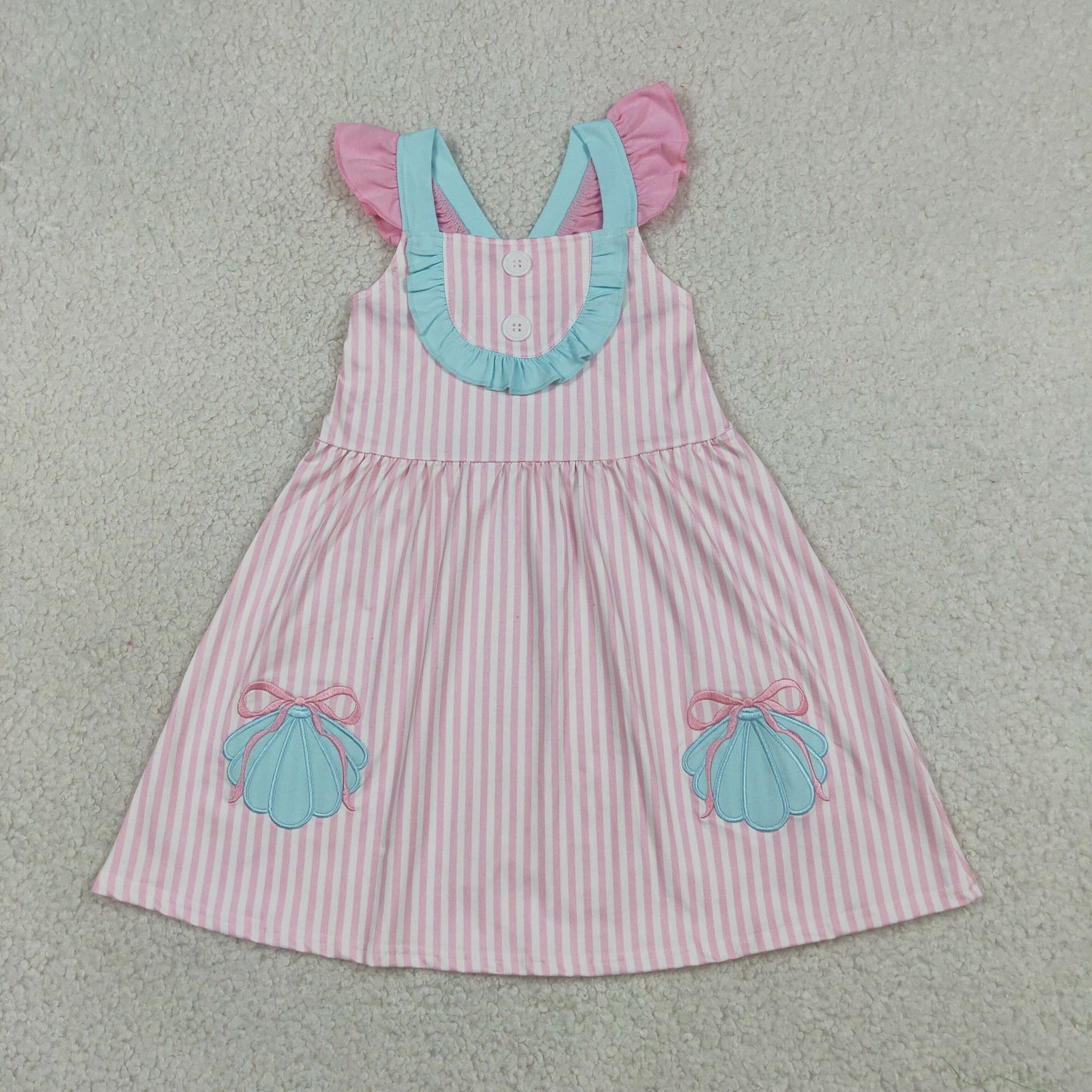 Embroidery GSD3958 Shells Pink  Striped Flutter Sleeve Girls Dress