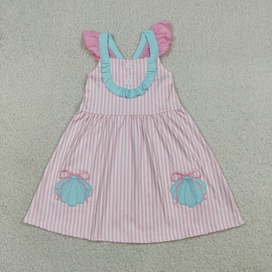 Embroidery GSD3958 Shells Pink  Striped Flutter Sleeve Girls Dress