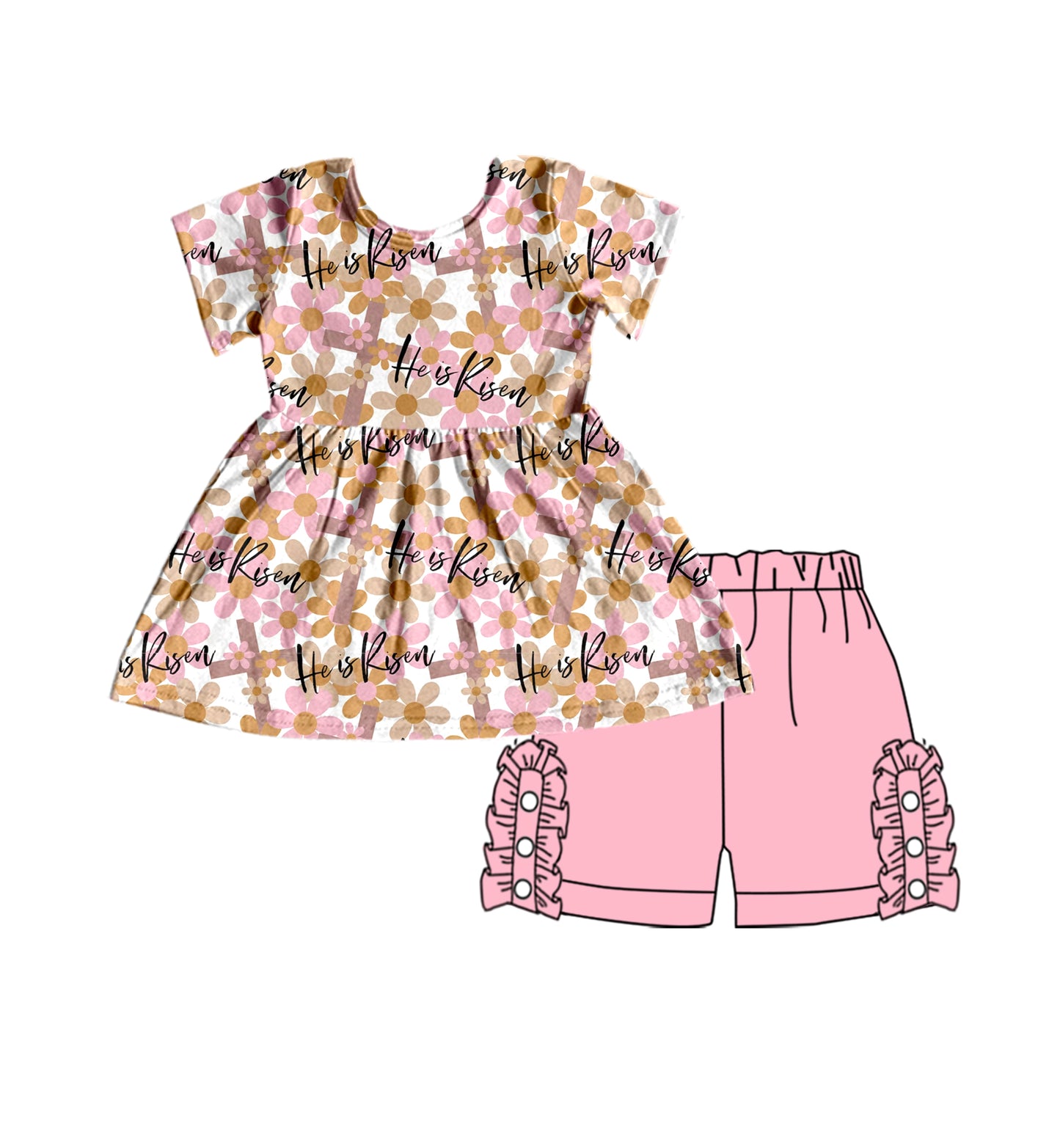 Preorder Pink Flowers Short Sleeve Pink Ruffles Shorts Girls Set