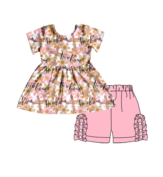 Preorder Pink Flowers Short Sleeve Pink Ruffles Shorts Girls Set