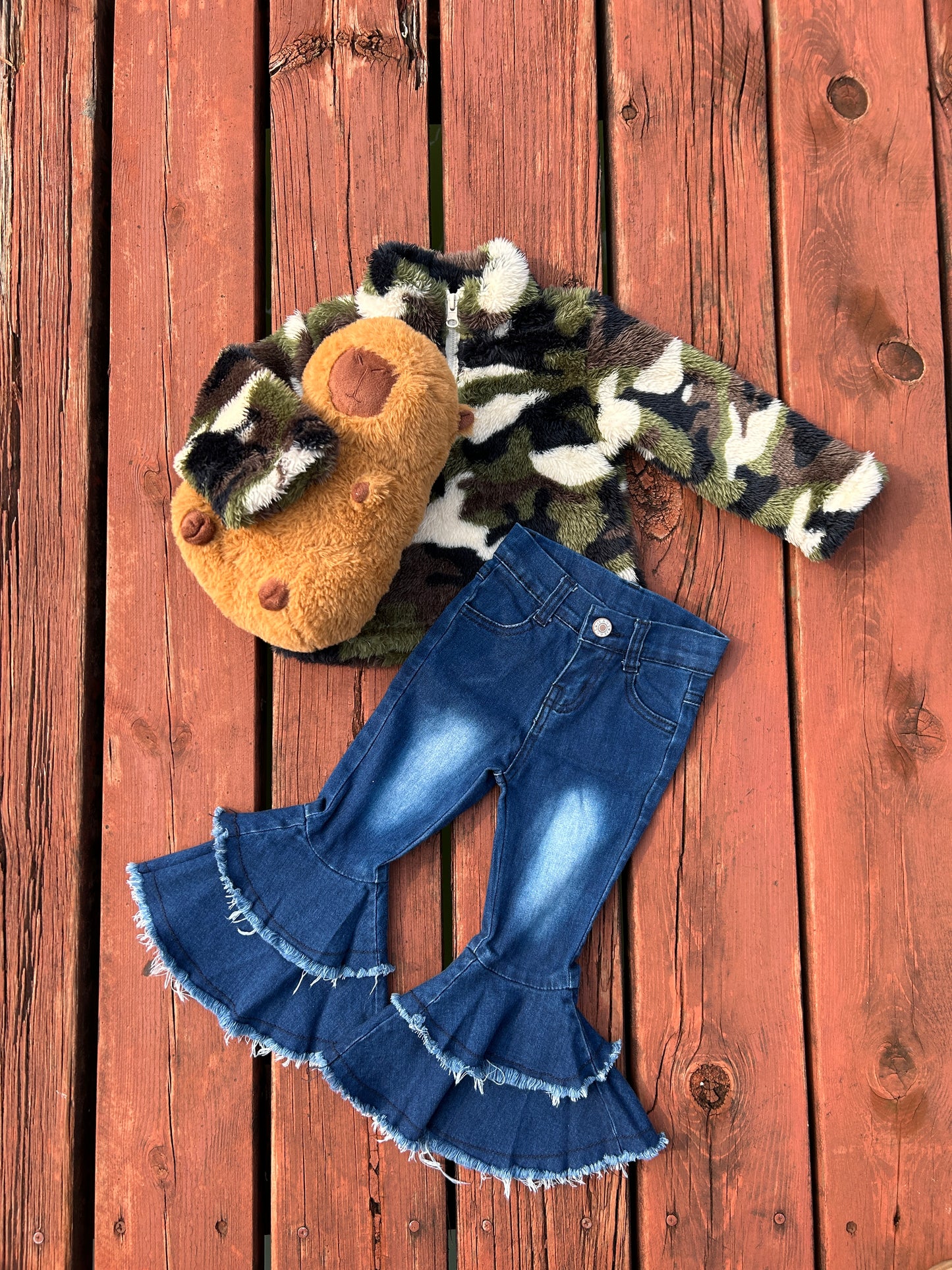 Green Camo Furry Pullover Blue Bell Bottom Jeans Girls Set Warm Plush Set