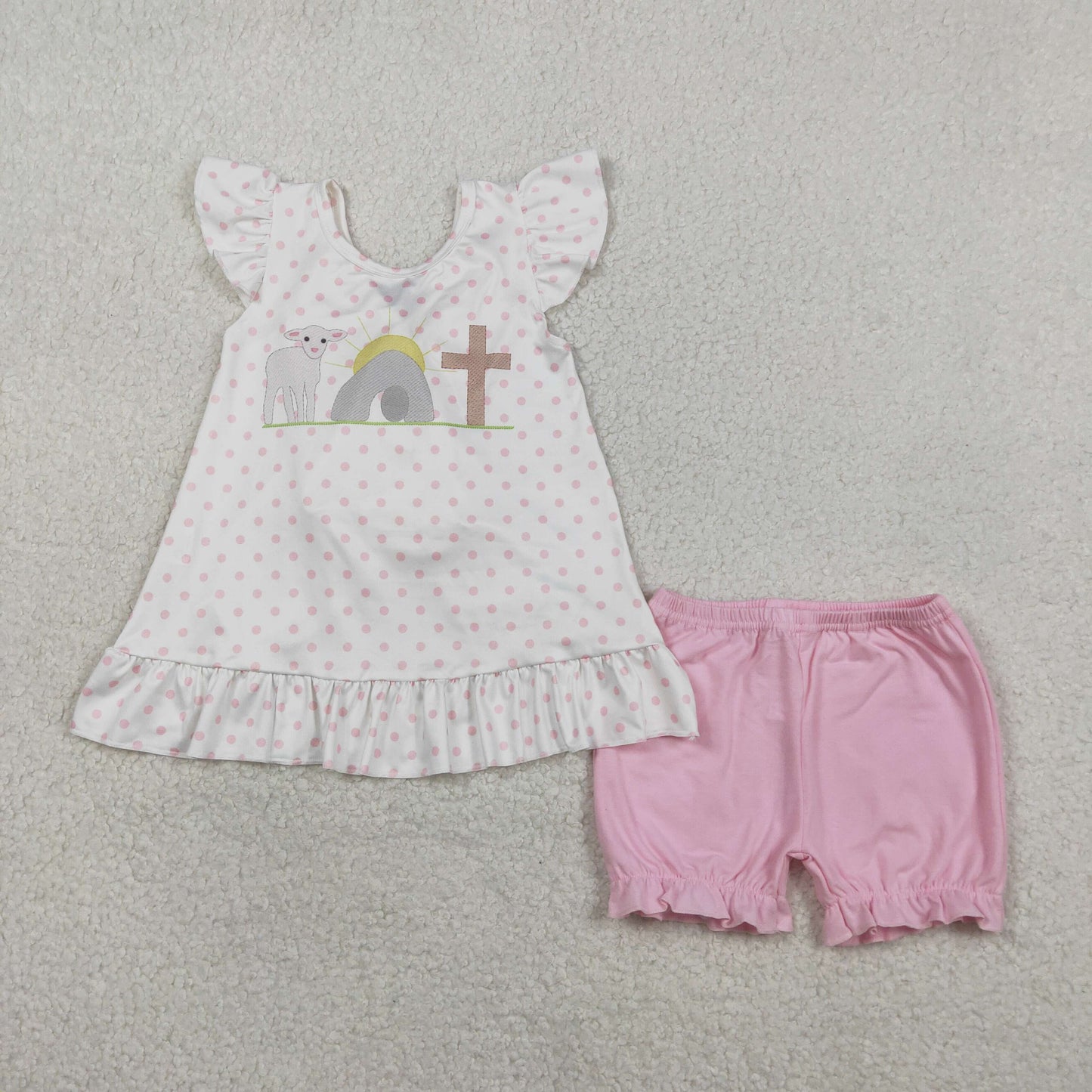 GSSO3018 Easter Sheep Cross Flutter Sleeve Pink Shorts Girls Set