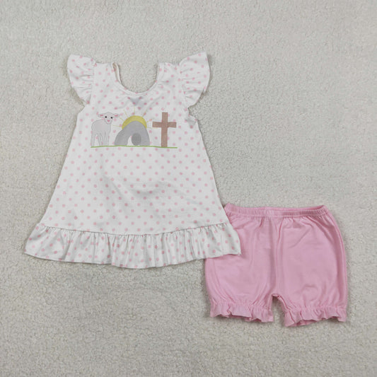 GSSO3018 Easter Sheep Cross Flutter Sleeve Pink Shorts Girls Set